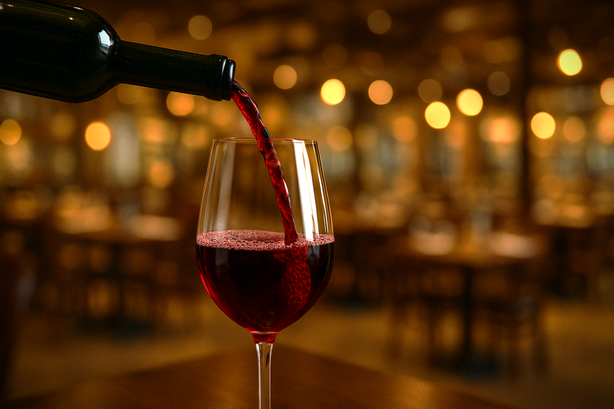 Glass of red wine being poured in a rustic restaurant